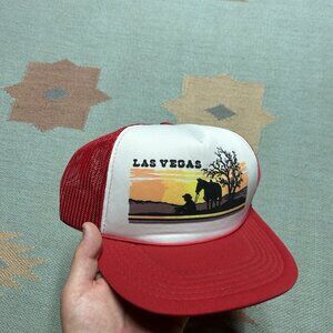 Vintage trucker hat mesh cap Las Vegas horse cowboy animal sun nature red